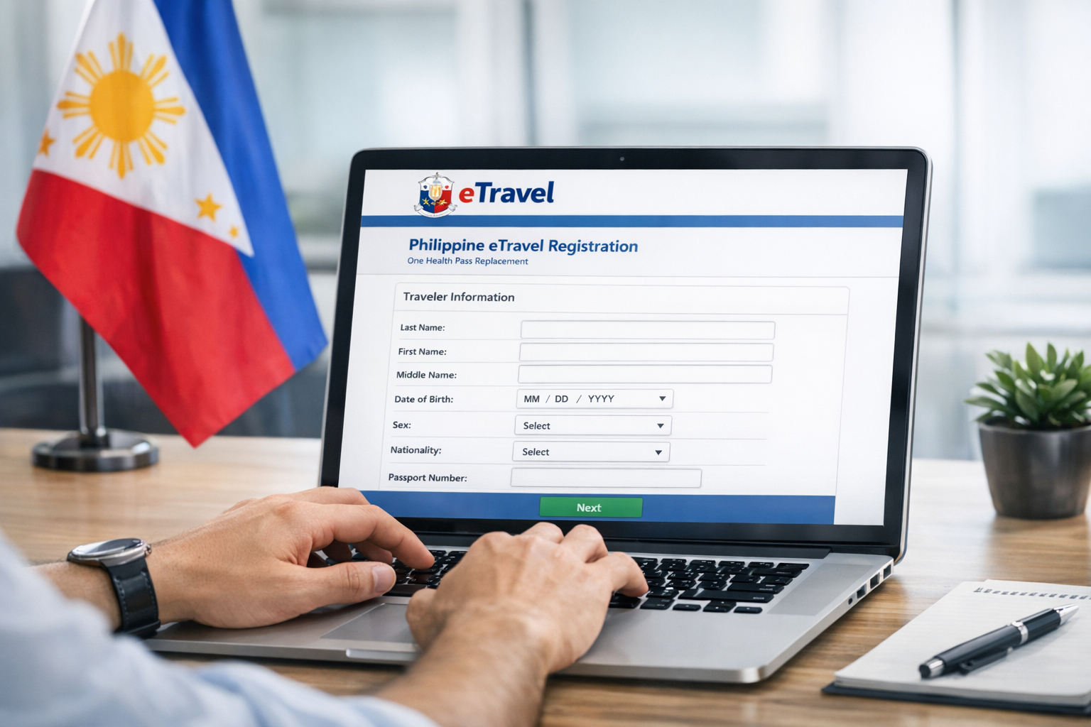 Person completing Philippines eTravel Pass registration online on a laptop